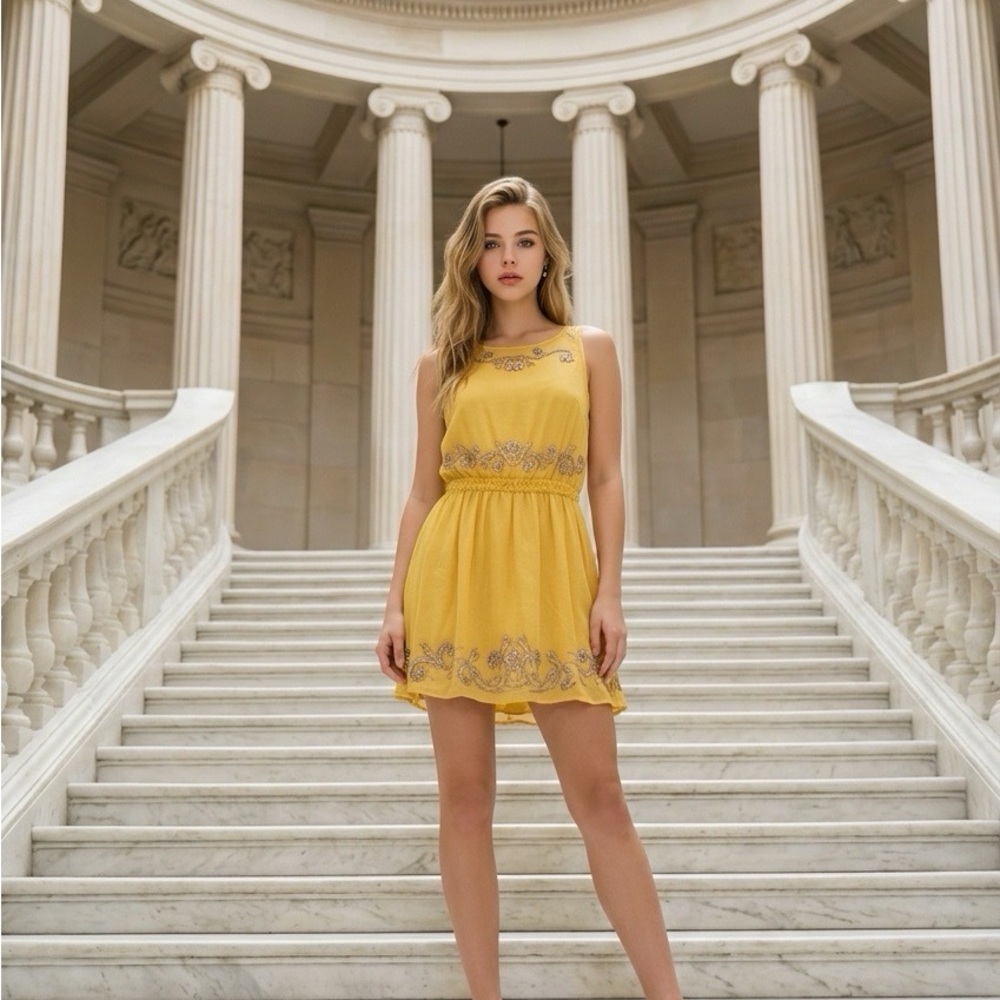 Sunlit Yellow Silver Beaded Mini Dress by Ginger Blu (one of a kind)
